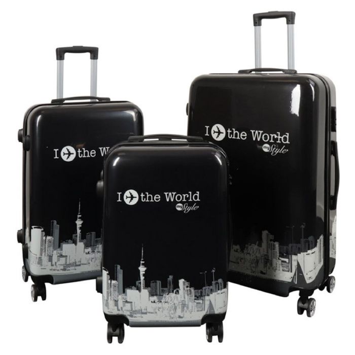 Kuffertsæt   3 Stk.   Kuffert Med Motiv   New York City   Black   Hardcase Letvægt Kuffert Med 4 Hjul fra Borg Living